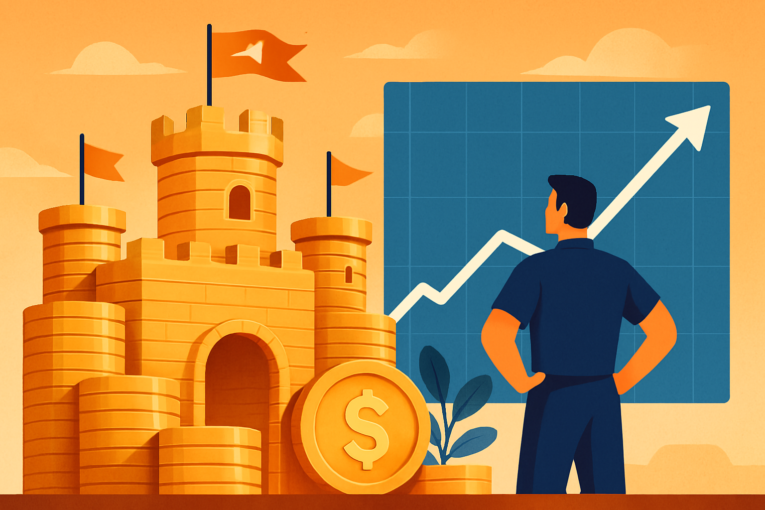 Illustration of a strong fortress made of coins and financial symbols.